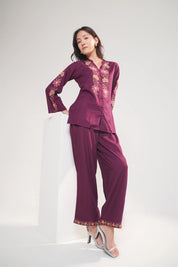 Aurelia Embroidered Co-ord Set- Wine