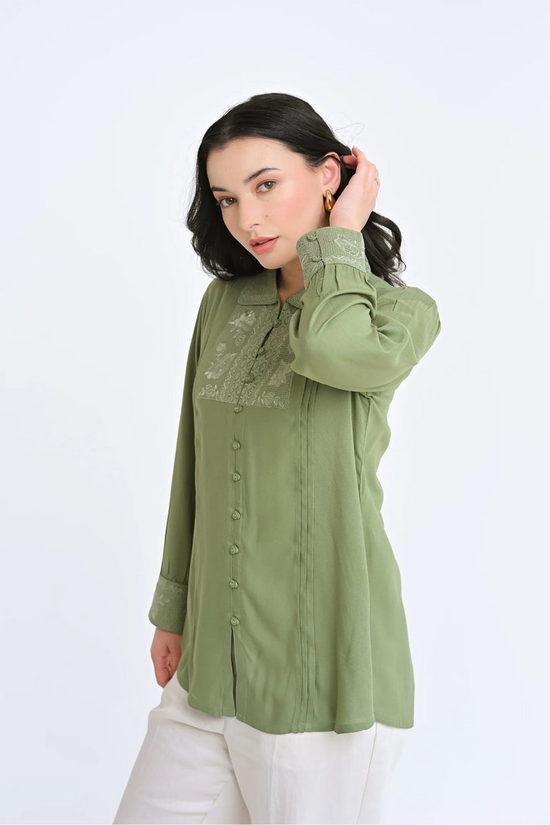 Valencia Embroidered Shirt Top- Sage