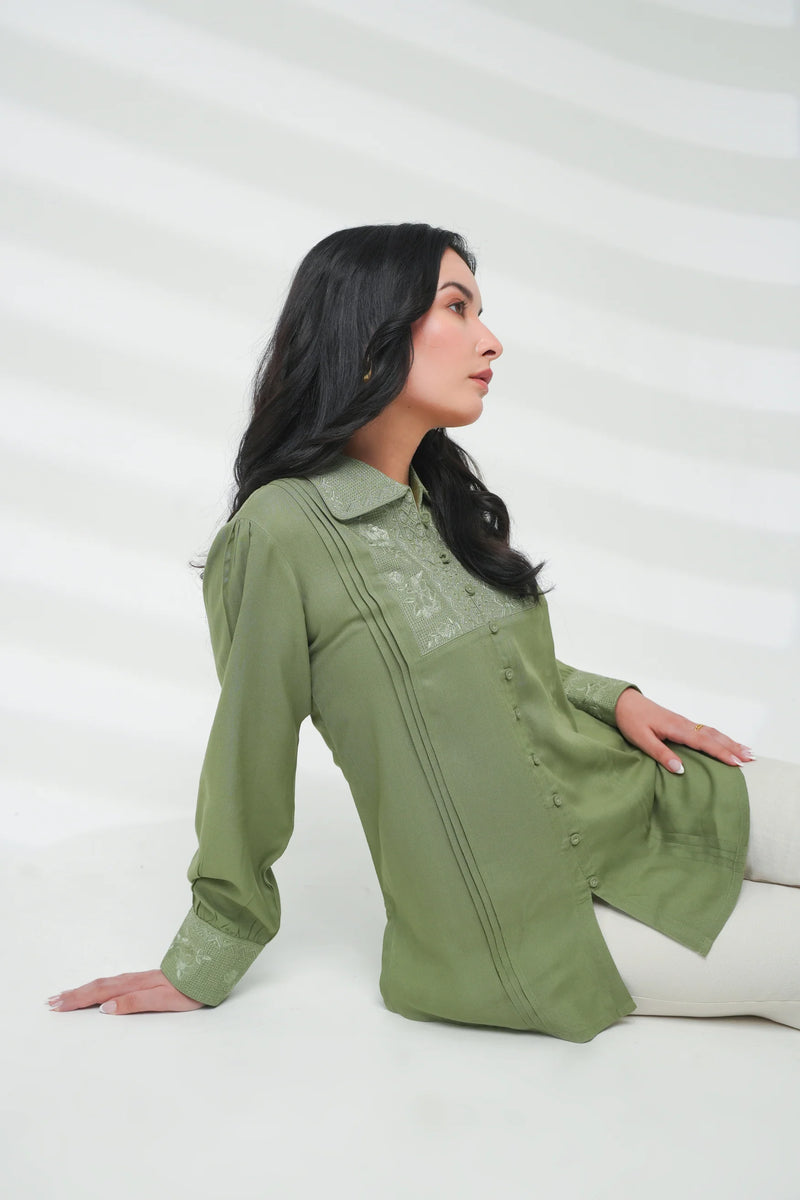 Valencia Embroidered Shirt Top- Sage