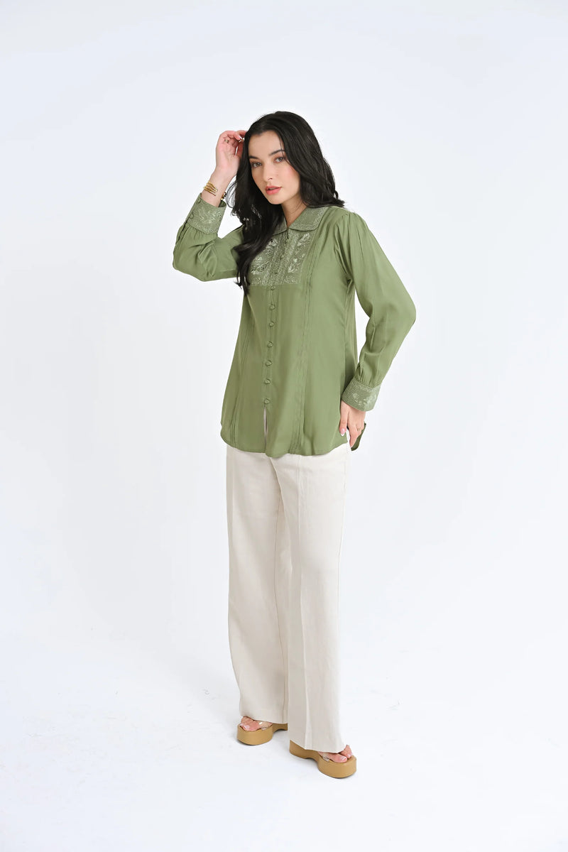 Valencia Embroidered Shirt Top- Sage
