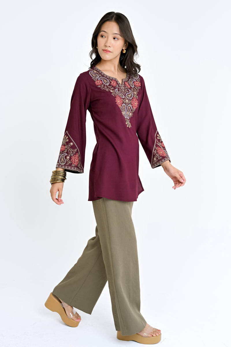 Ambi Embroidered Top- Wine