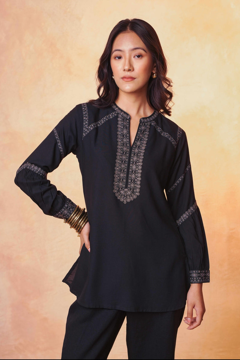June Embroidered Top- Black