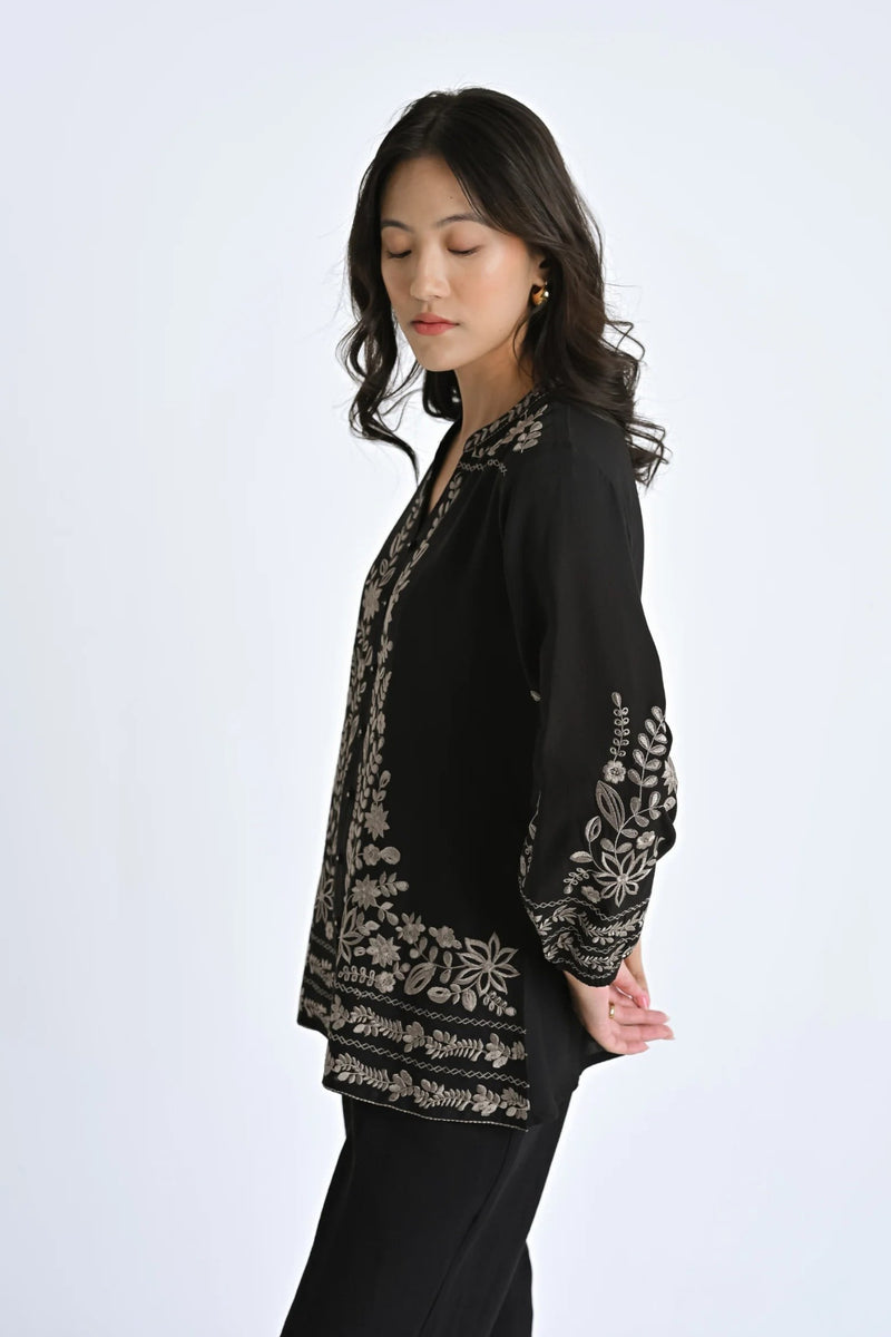 Luna Embroidered Shirt Top- Black