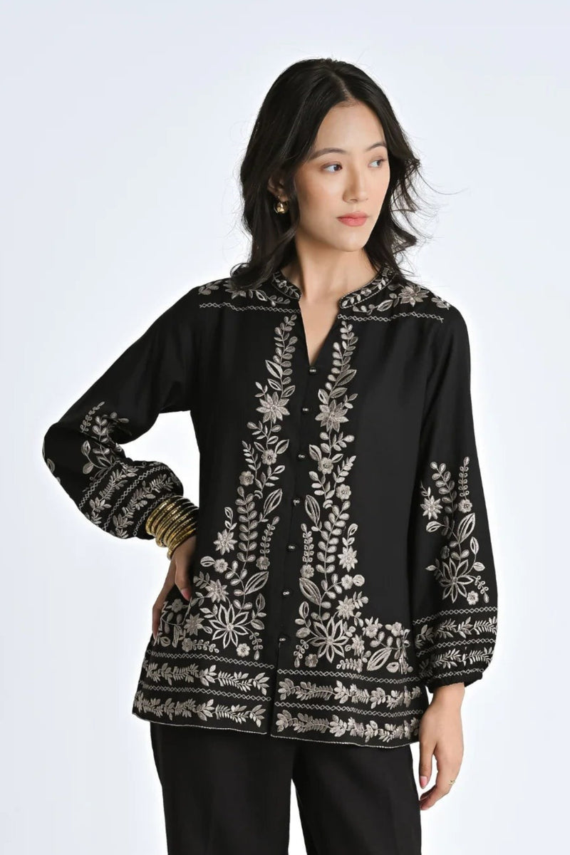 Luna Embroidered Shirt Top- Black
