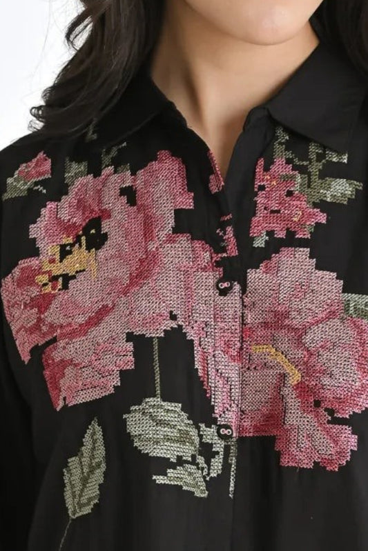 indigrey black shirt with intricate pink and green floral pixel cross stitch embroidery and a relaxed fit