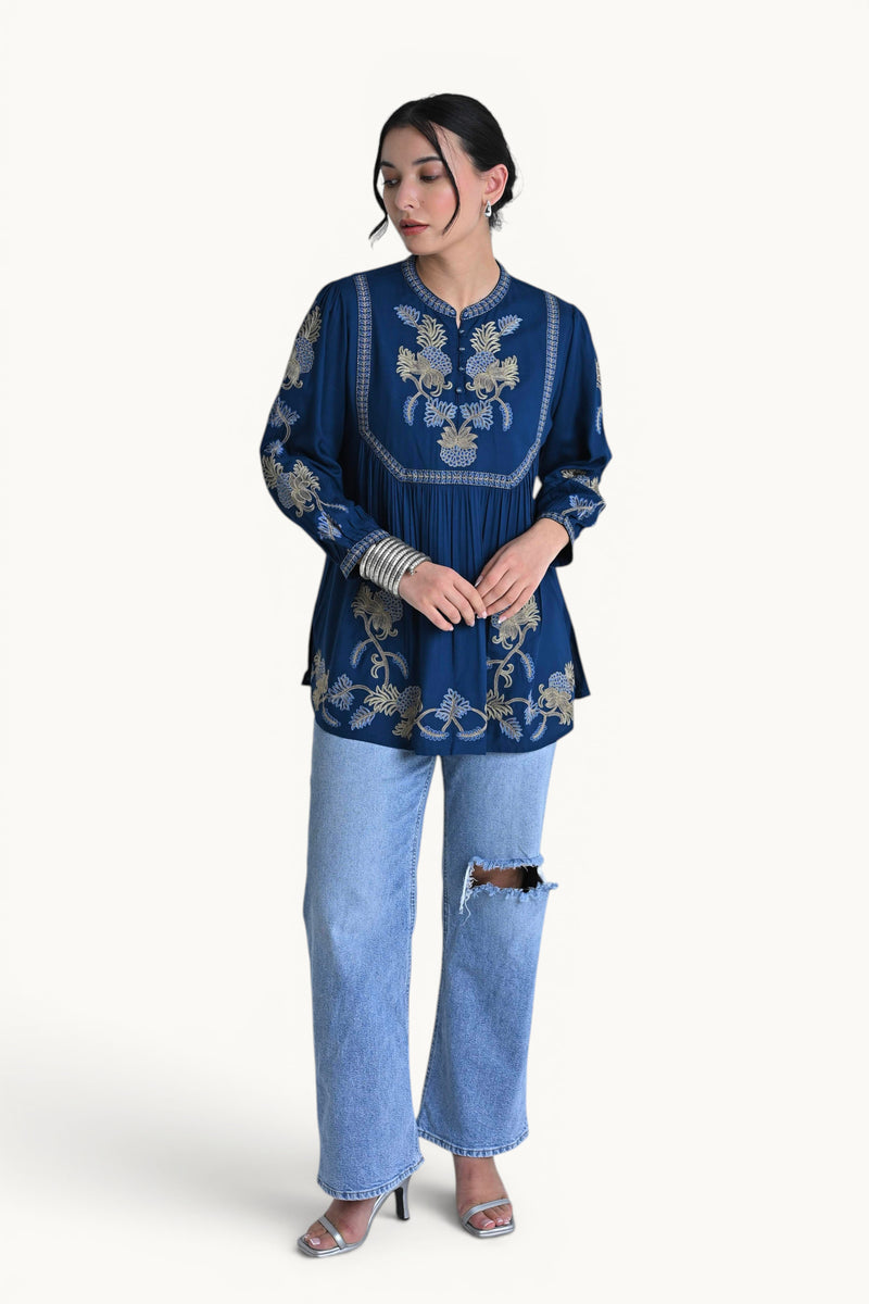 Dahlia Embroidered Top- Teal