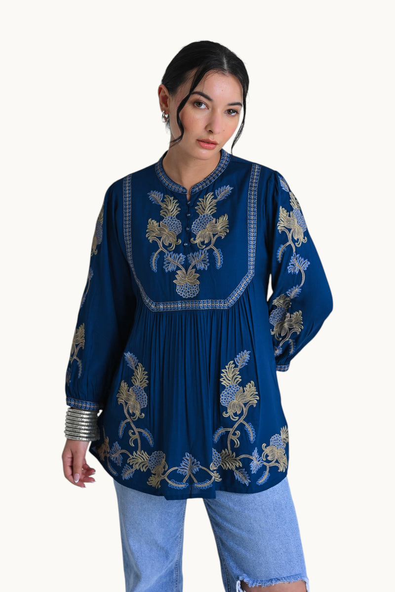 Dahlia Embroidered Top- Teal