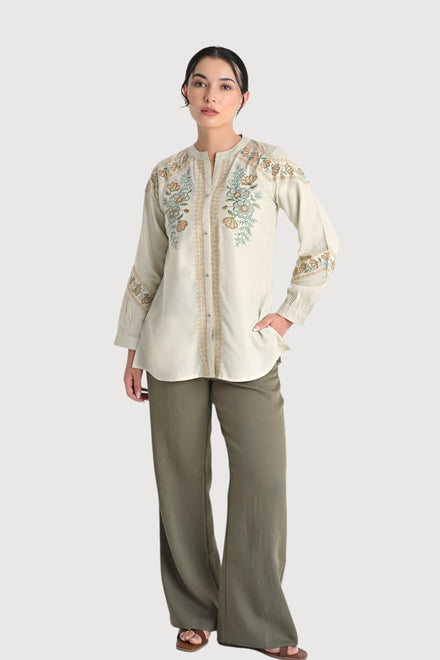 Fern Embroidered Shirt Top- Ivory