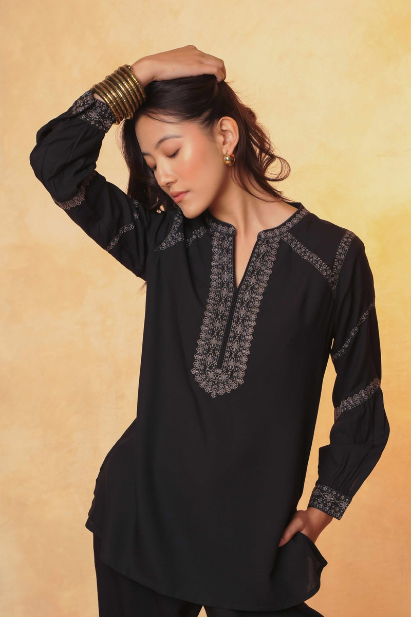 June Embroidered Top- Black