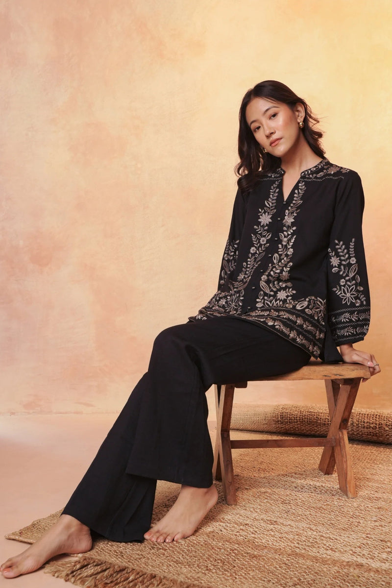 Luna Embroidered Shirt Top- Black