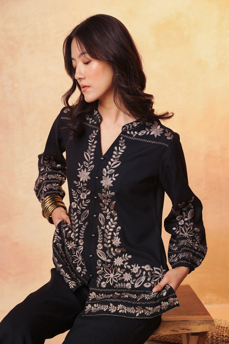Luna Embroidered Shirt Top- Black