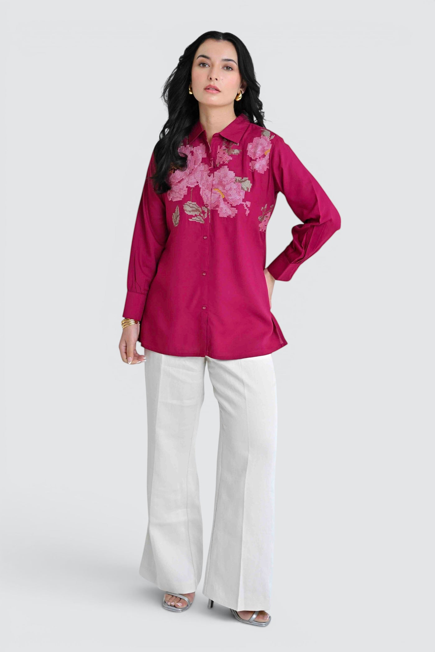 Ambrosia Embroidered Shirt Top- Magenta