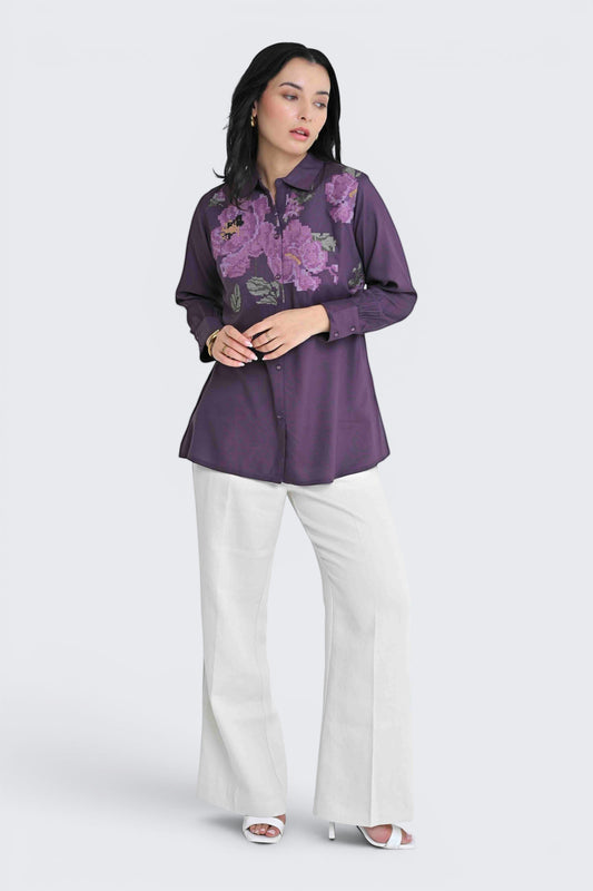 indigrey purple button-down shirt featuring intricate pixel cross stitch floral embroidery worn by a model