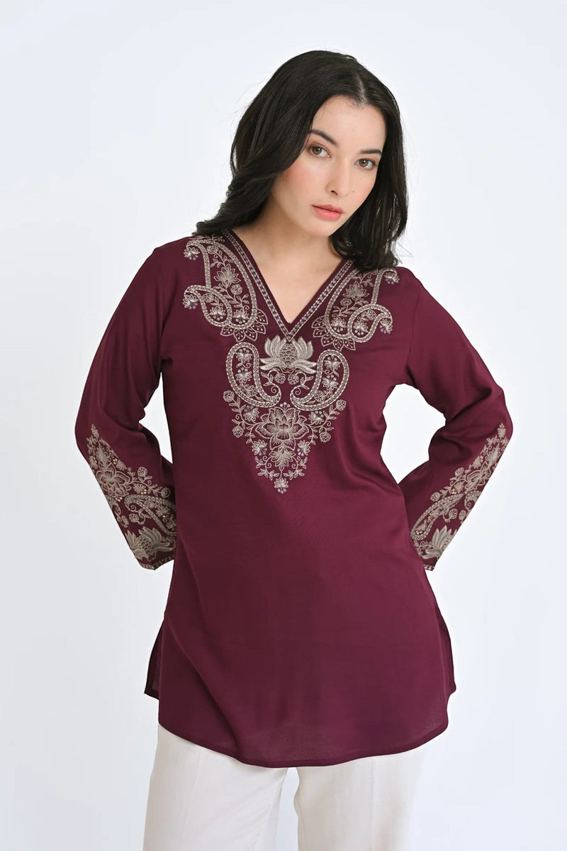 Raya Embroidered Top- Wine