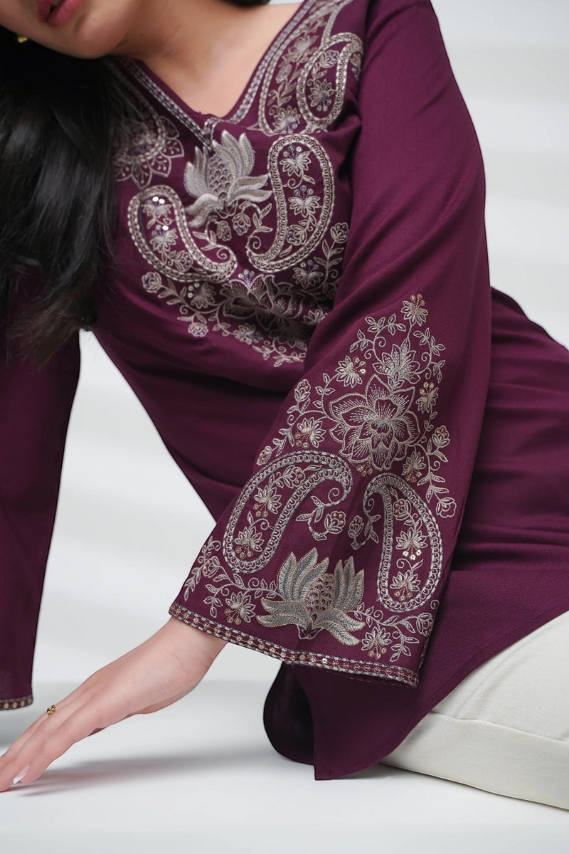 Raya Embroidered Top- Wine