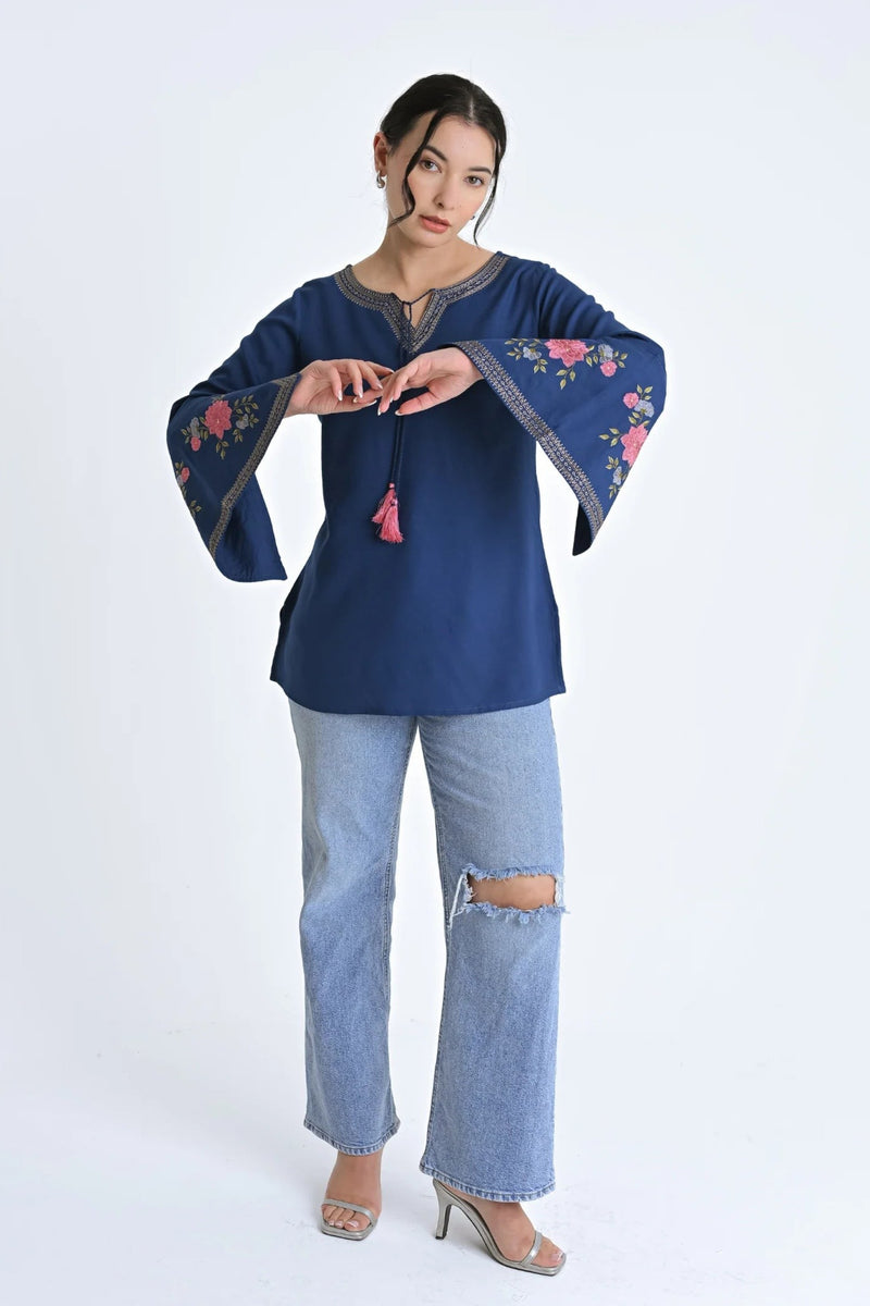 Zuri Embroidered Top- Teal