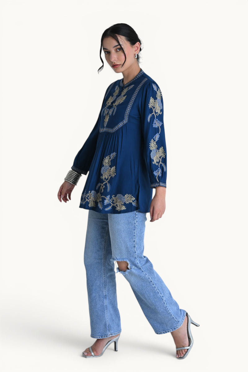 Dahlia Embroidered Top- Teal