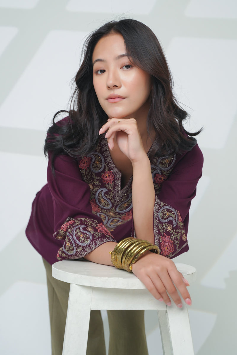 Ambi Embroidered Top- Wine