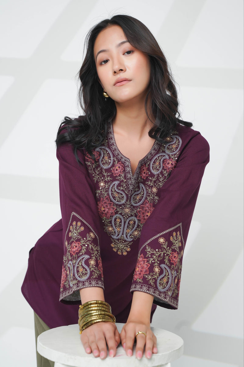 Ambi Embroidered Top- Wine
