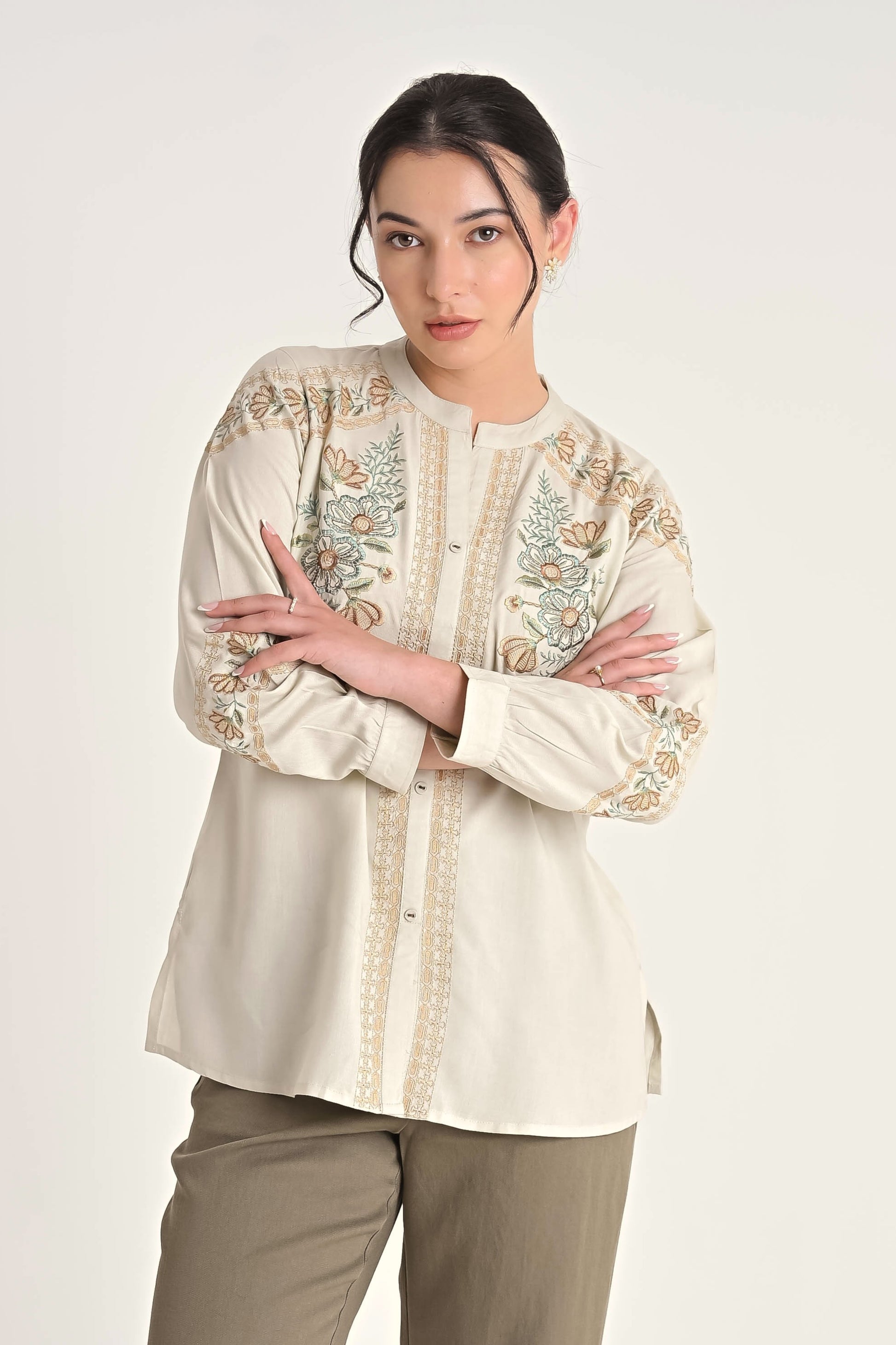 Fern Embroidered Shirt Top- Ivory