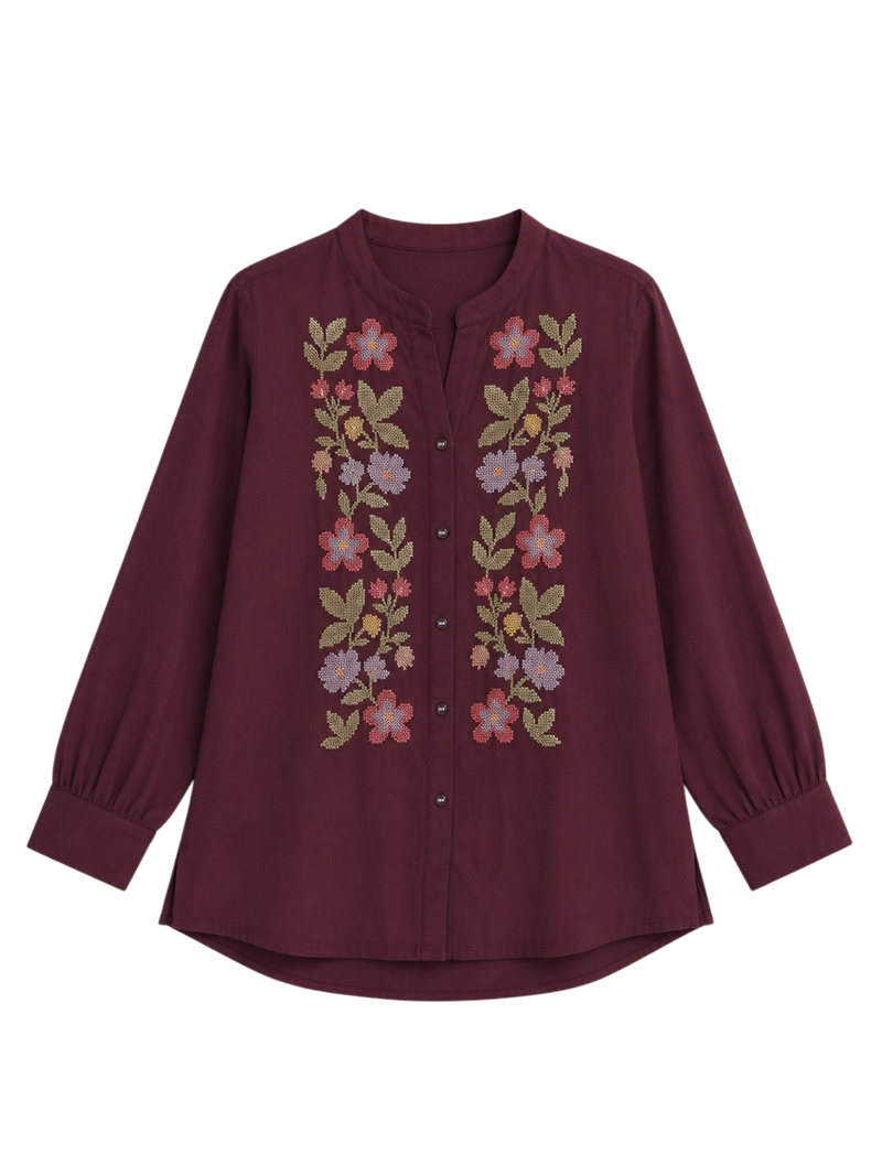 Aurora Embroidered Shirt Top- Wine