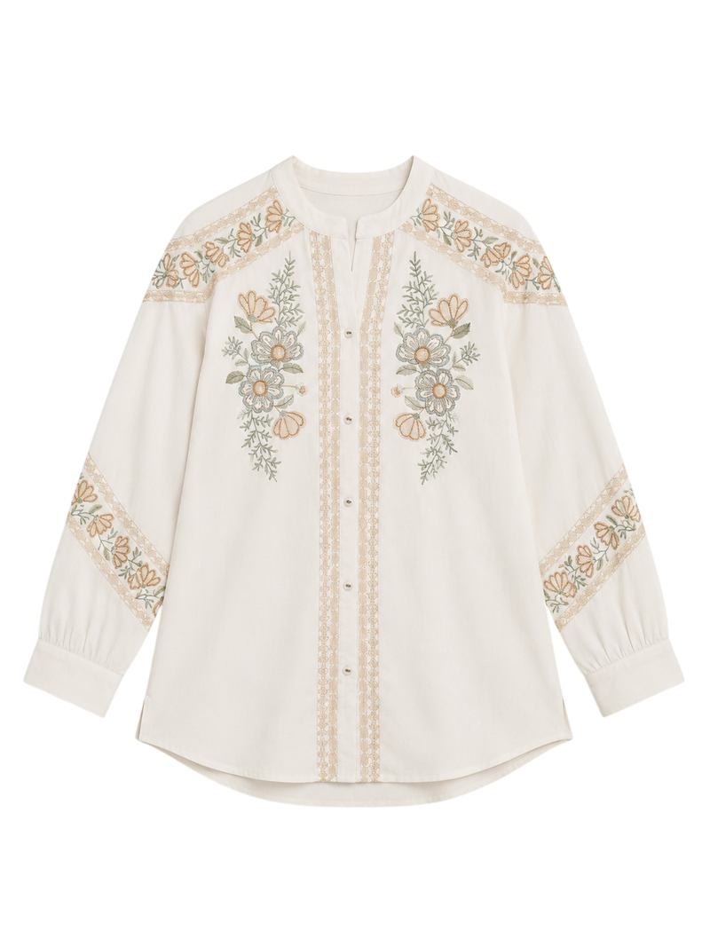 Fern Embroidered Shirt Top- Ivory