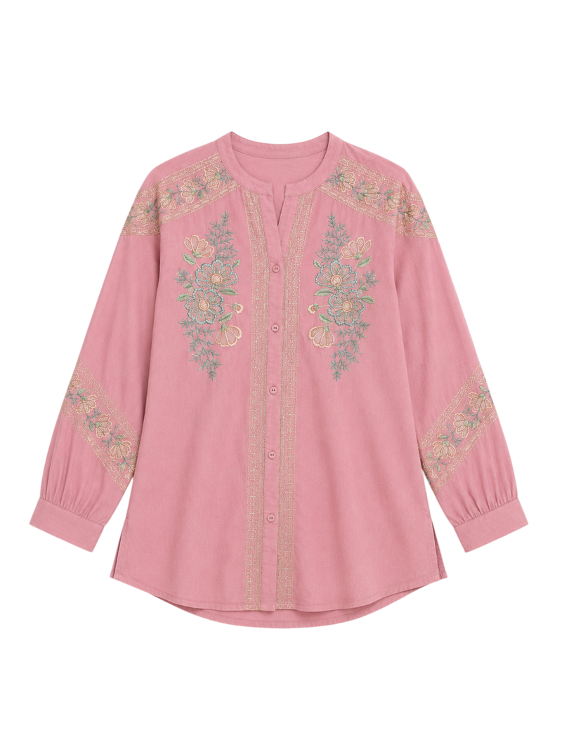 Fern Embroidered Shirt Top- Peach