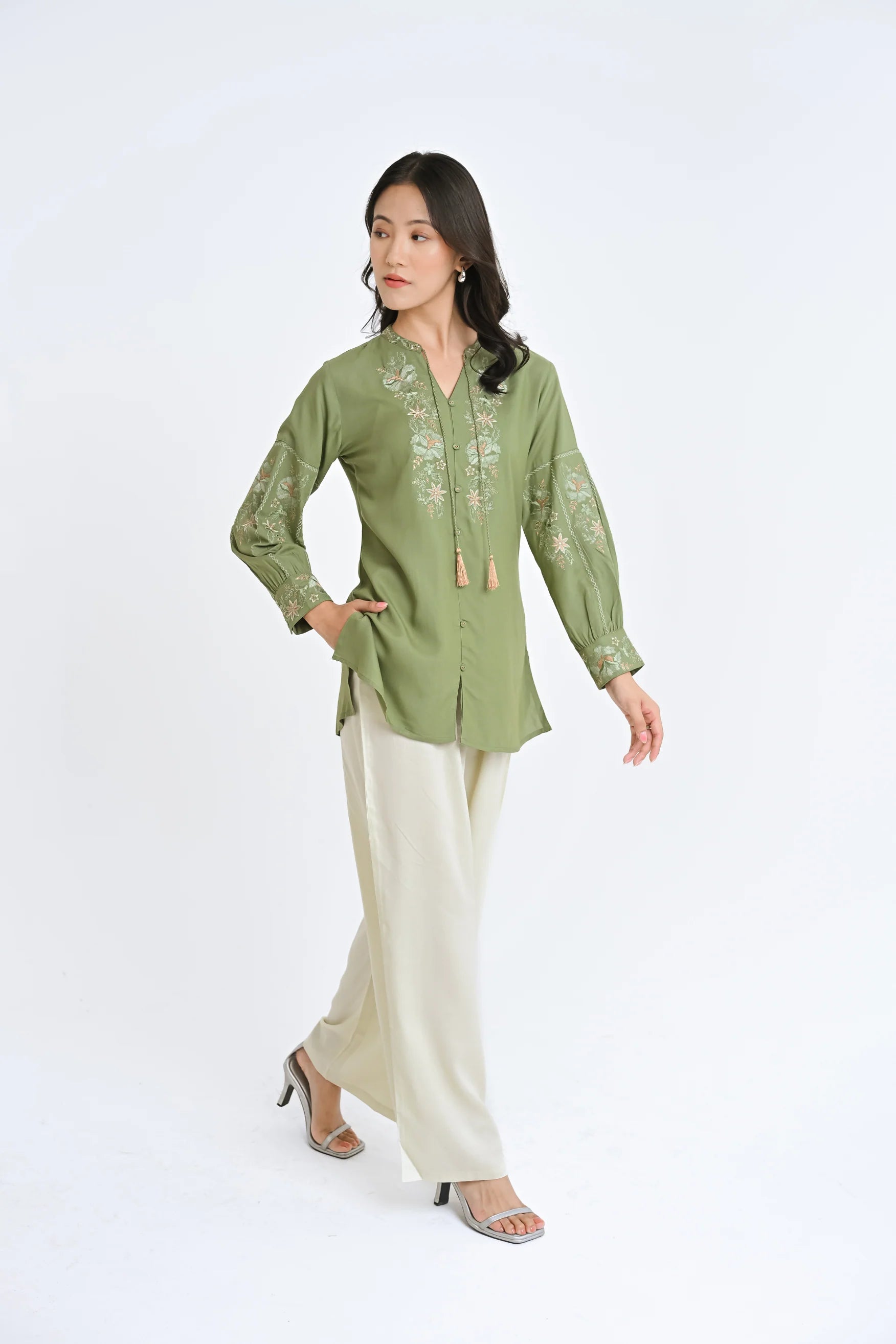 Ivy Embroidered Shirt Top- Sage