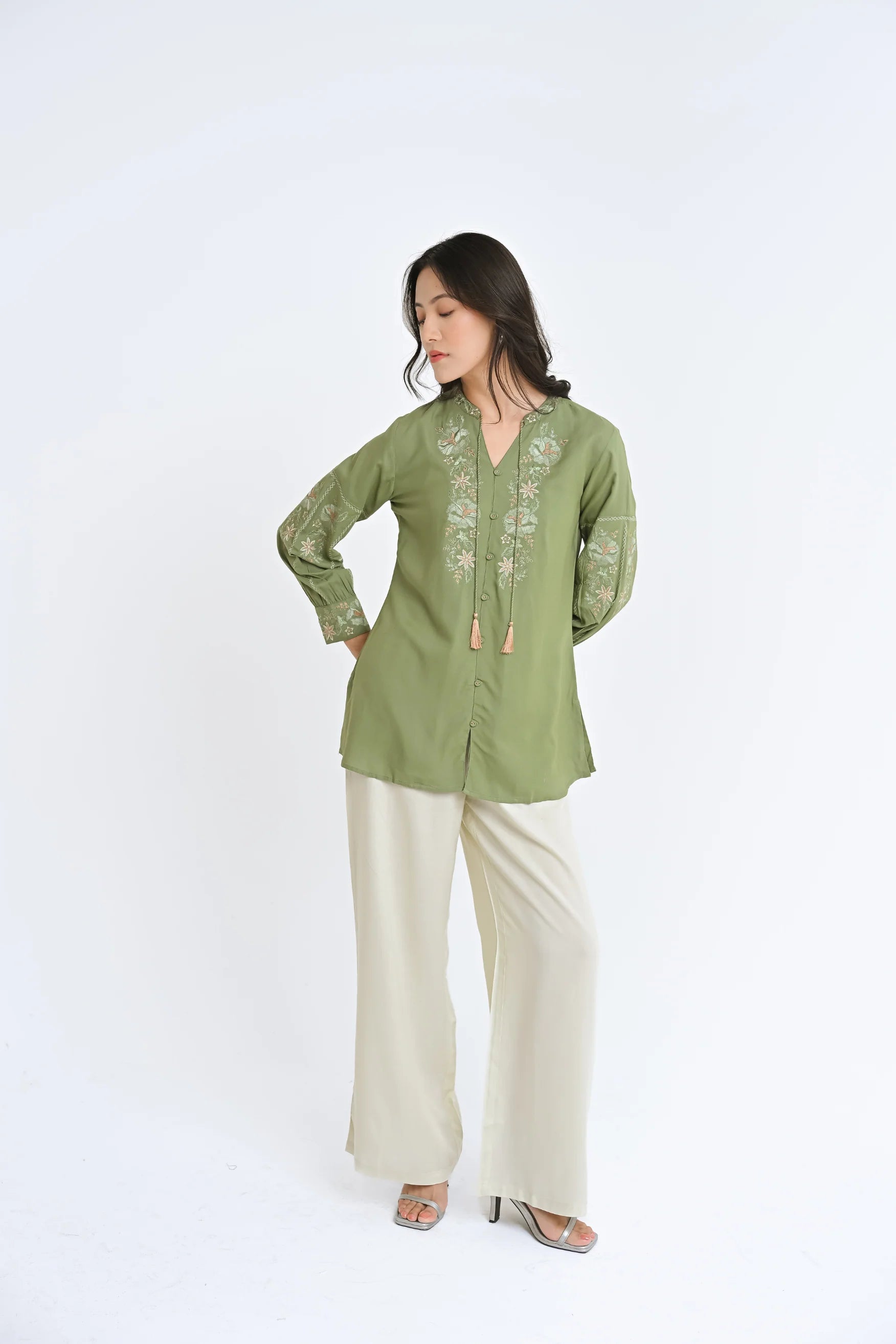 Ivy Embroidered Shirt Top- Sage
