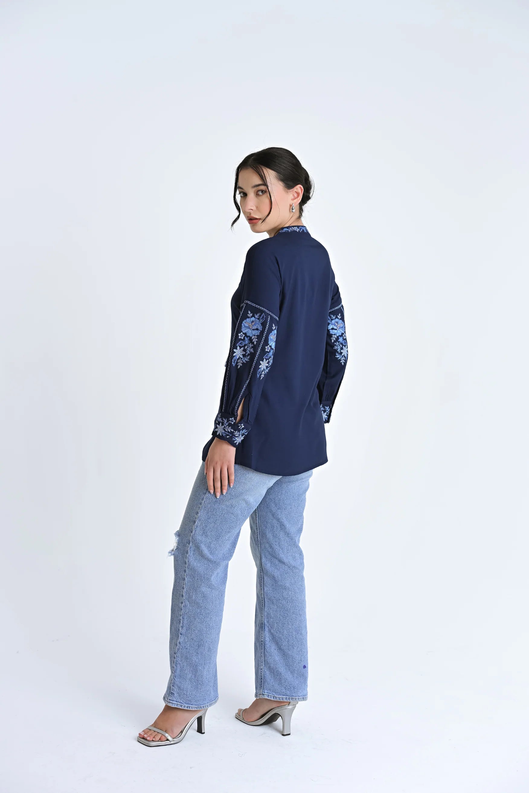 Ivy Embroidered Shirt Top- Navy