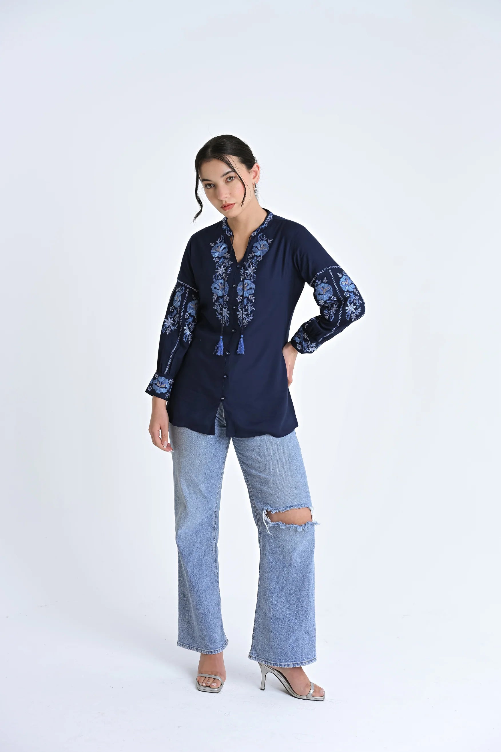 Ivy Embroidered Shirt Top- Navy