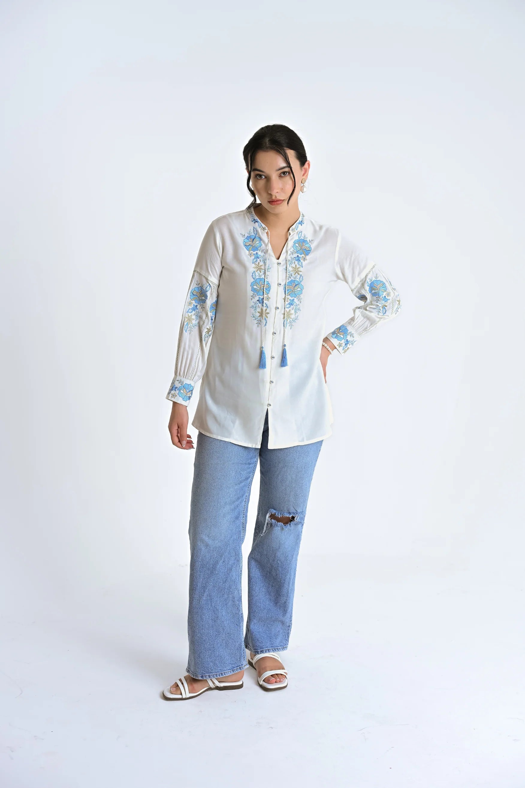 Ivy Embroidered Shirt Top- White