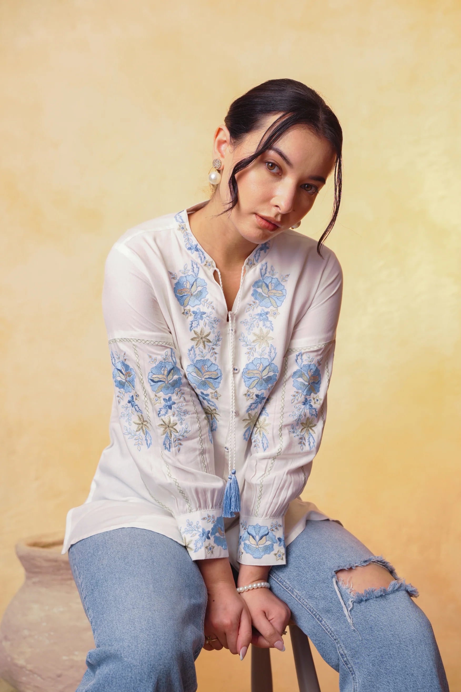 Ivy Embroidered Shirt Top- White