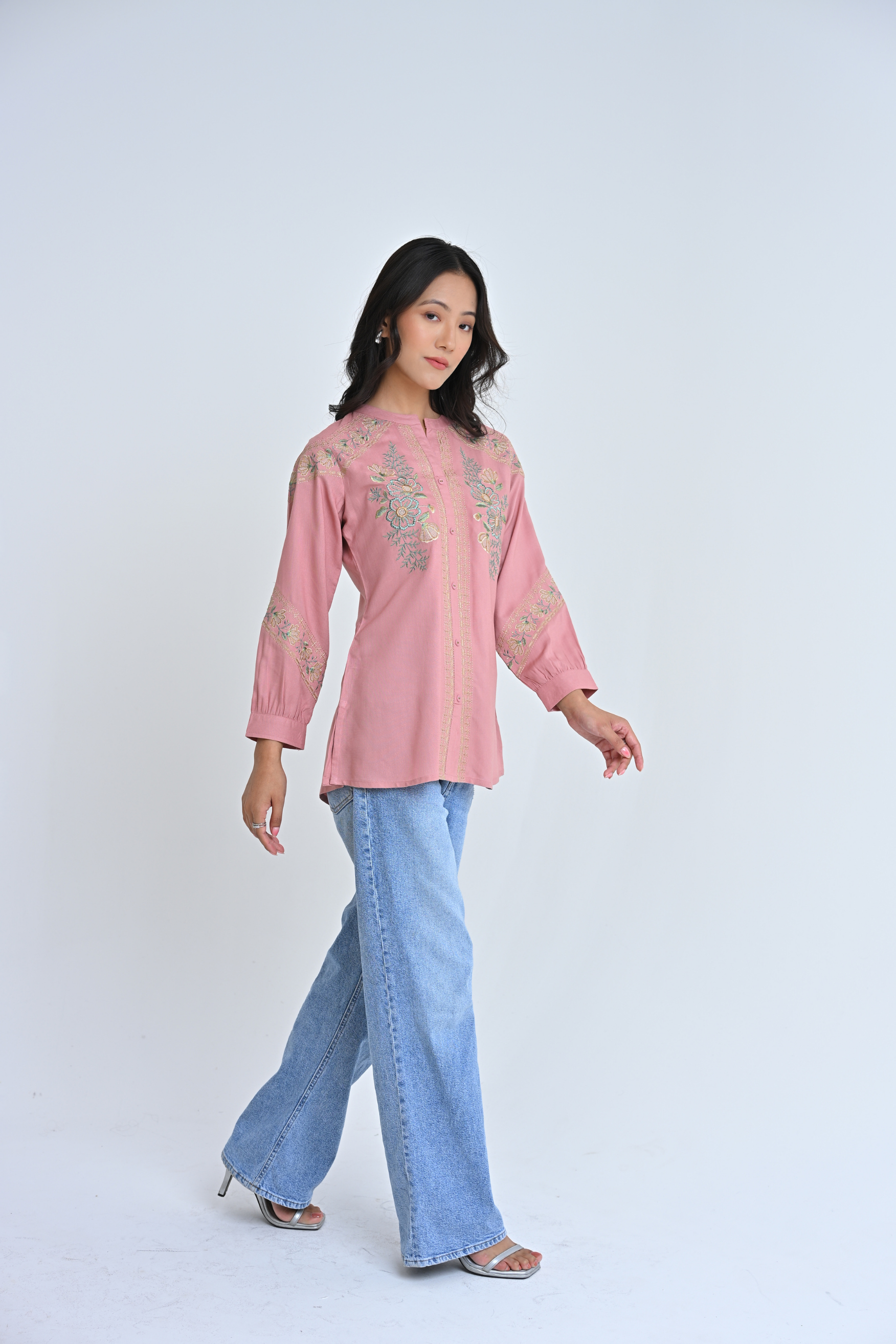 Fern Embroidered Shirt Top- Peach