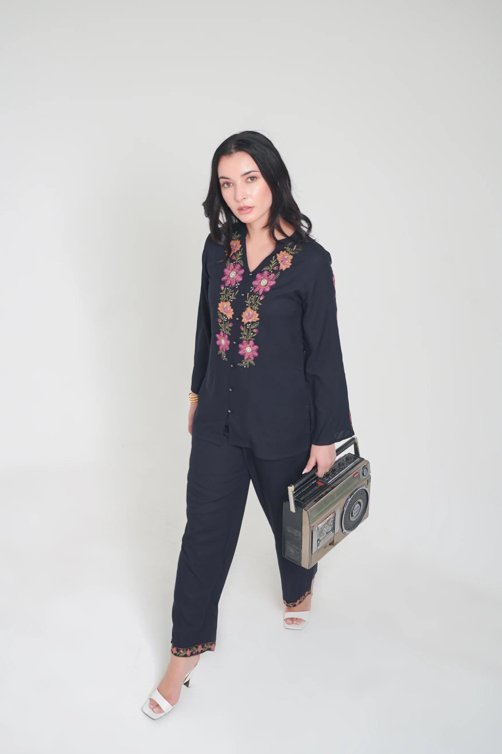 Aurelia Embroidered Co-ord Set- Navy