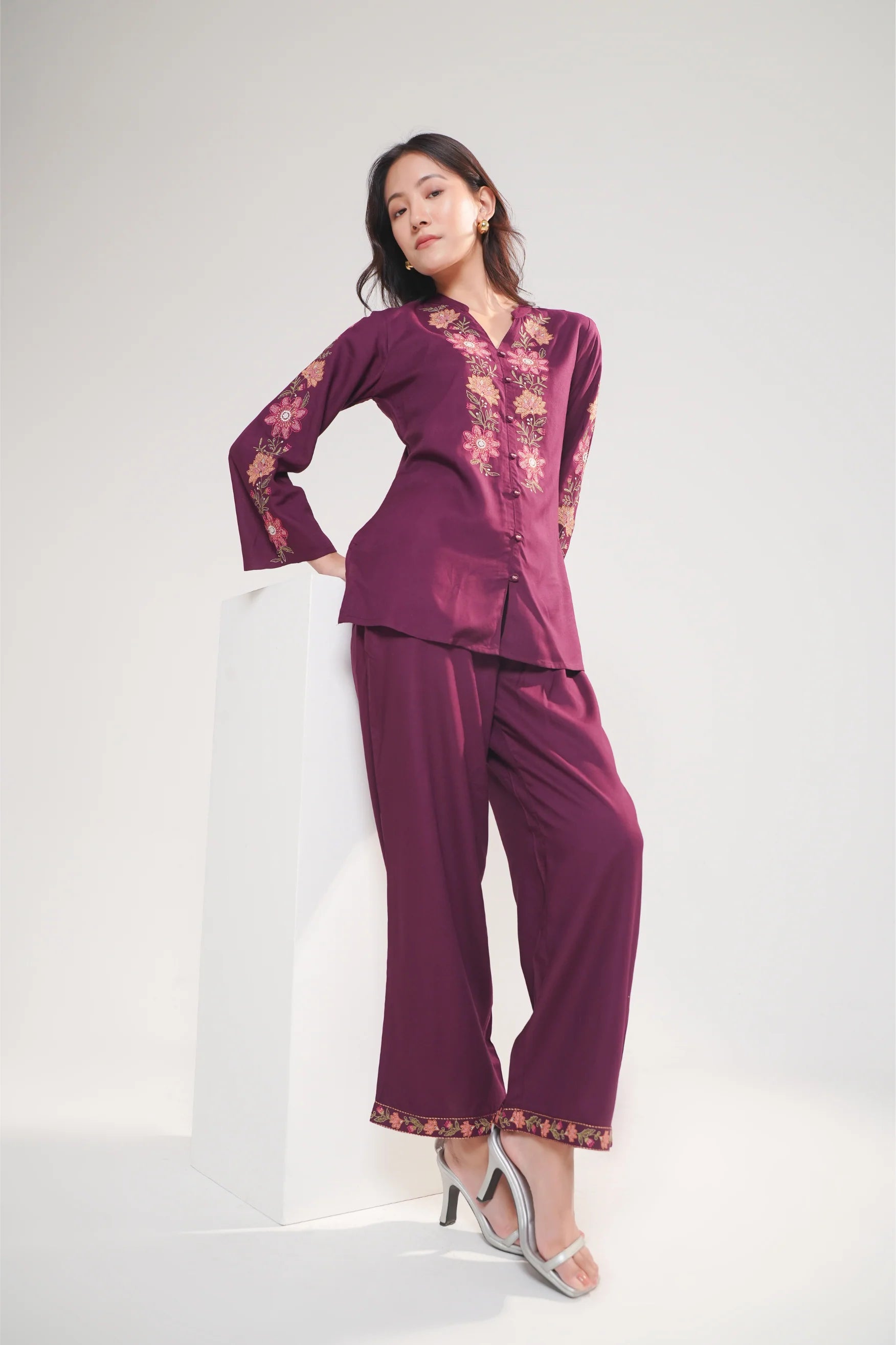 Aurelia Embroidered Co-ord Set- Wine