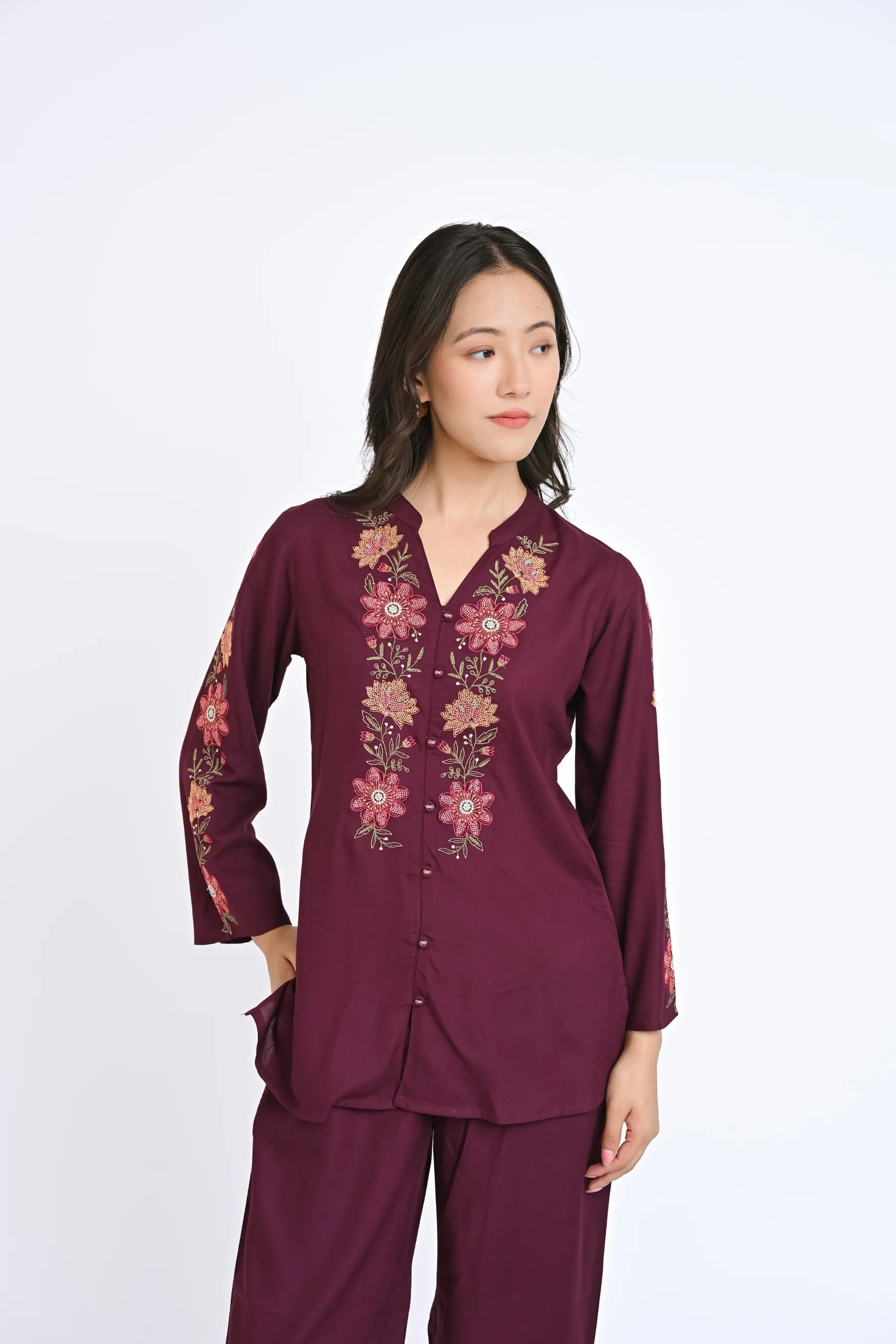 Aurelia Embroidered Co-ord Set- Wine
