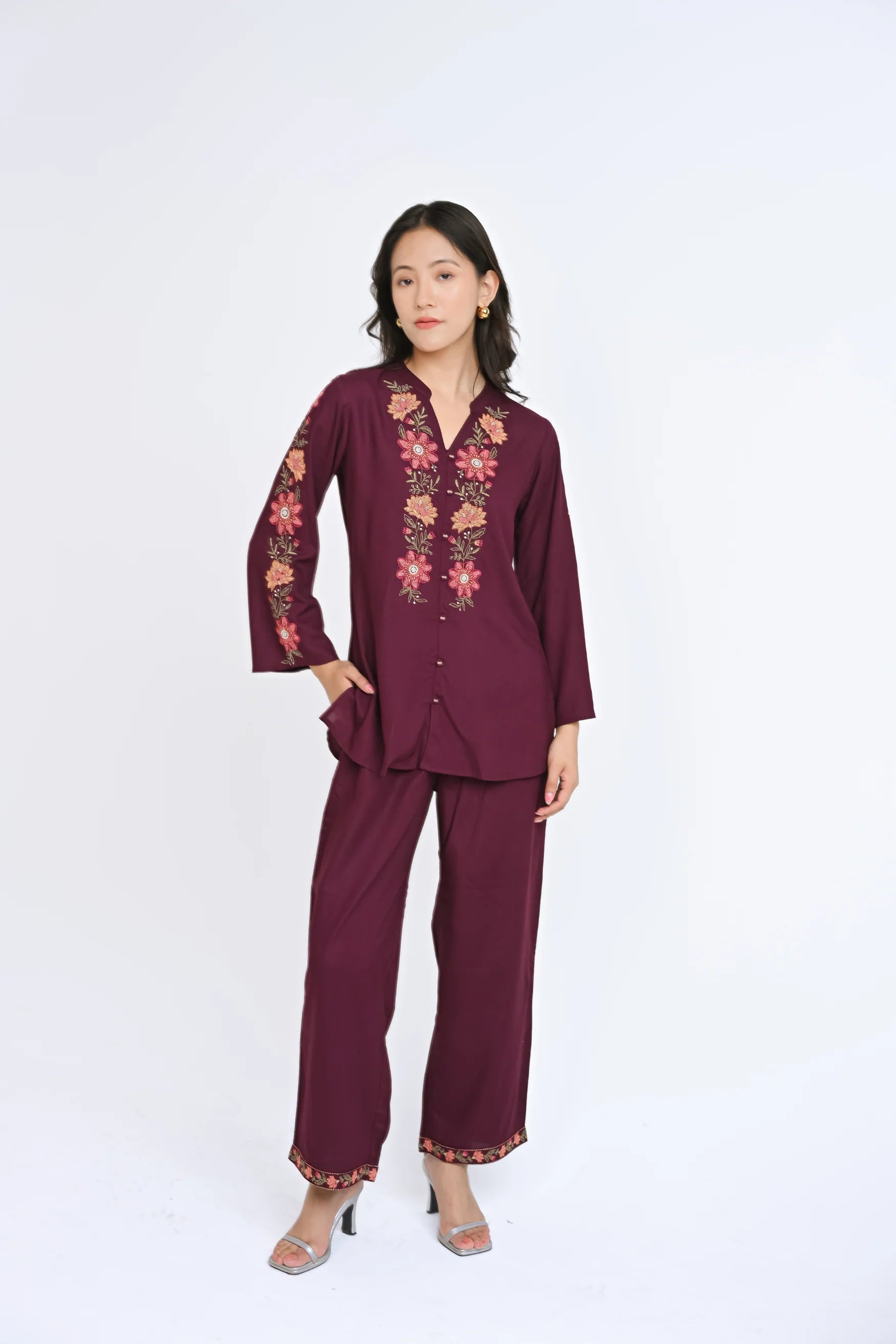 Aurelia Embroidered Co-ord Set- Wine