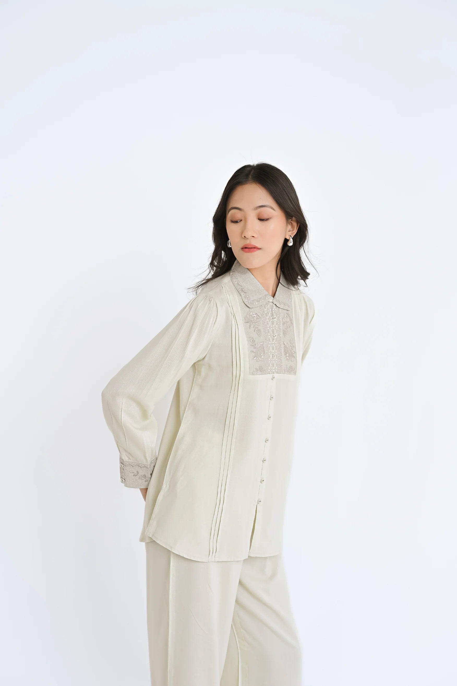 Valencia Embroidered Shirt Top- Ivory