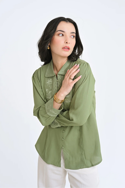 Valencia Embroidered Shirt Top- Sage