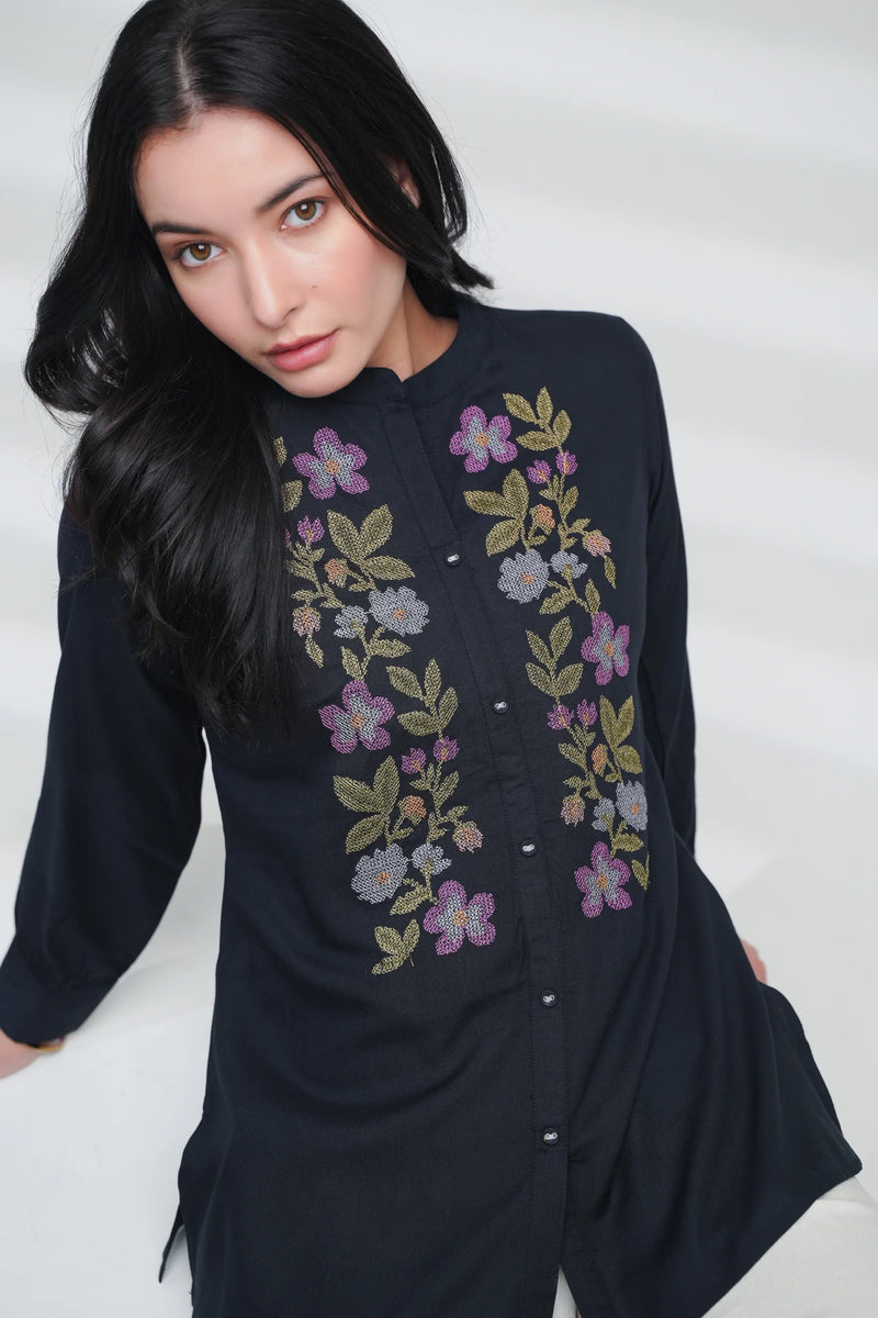 Aurora Embroidered Shirt Top- Dark Navy