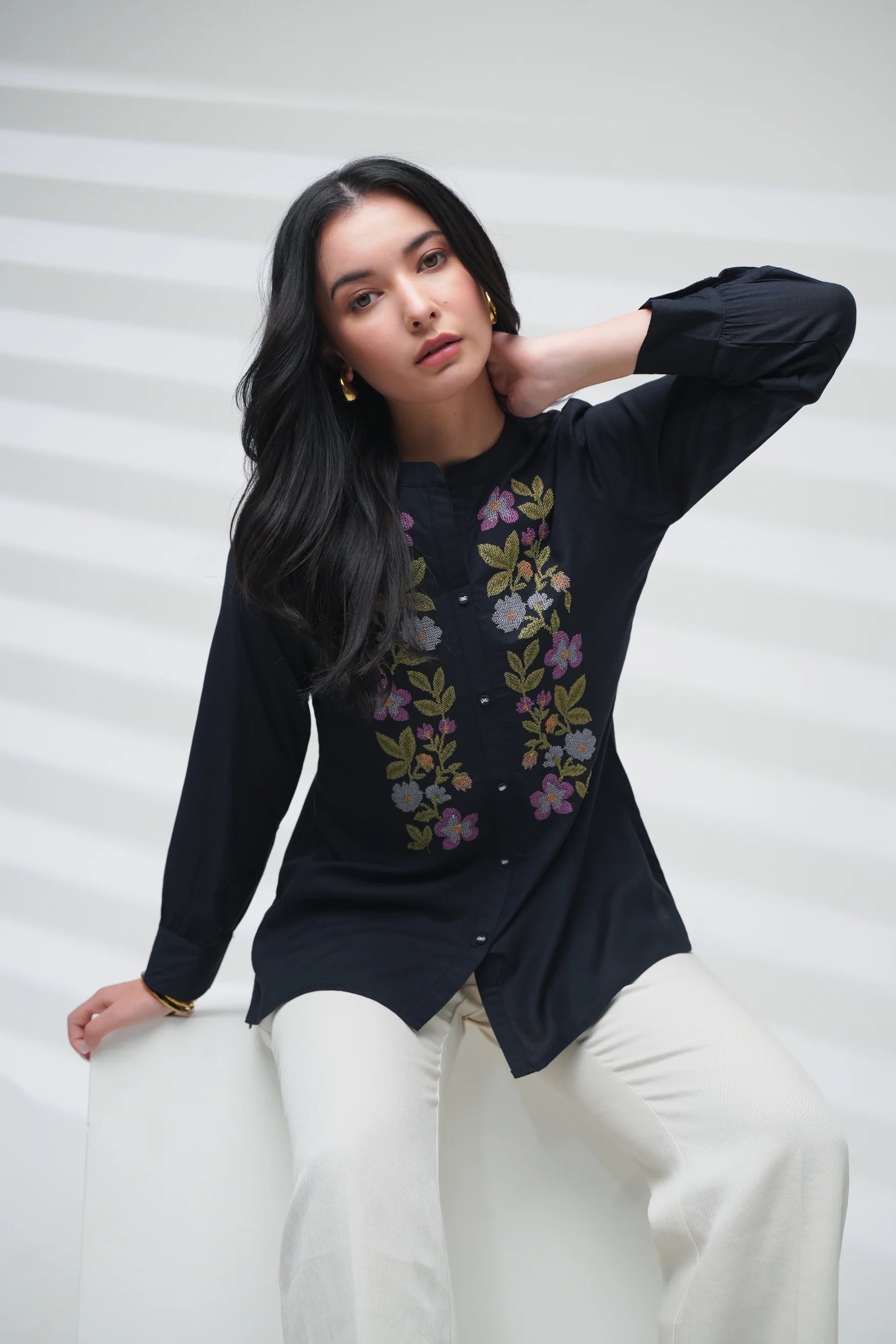 Aurora Embroidered Shirt Top- Dark Navy