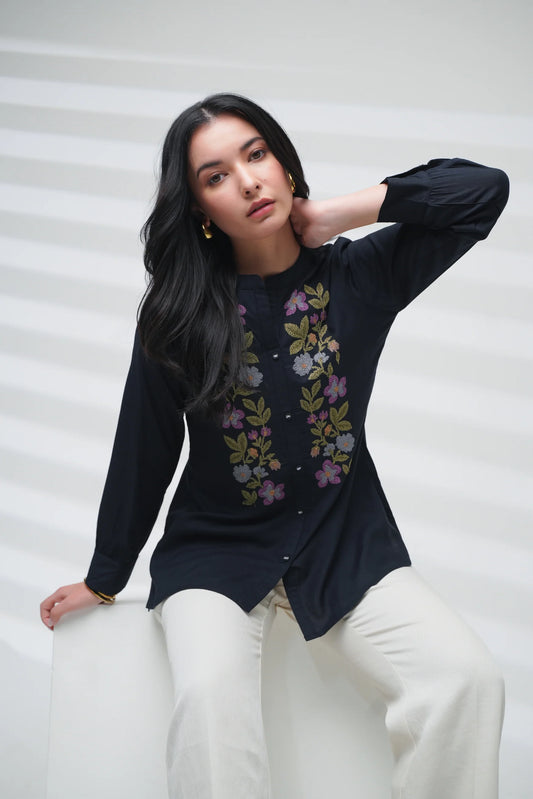 Aurora Embroidered Shirt Top- Dark Navy