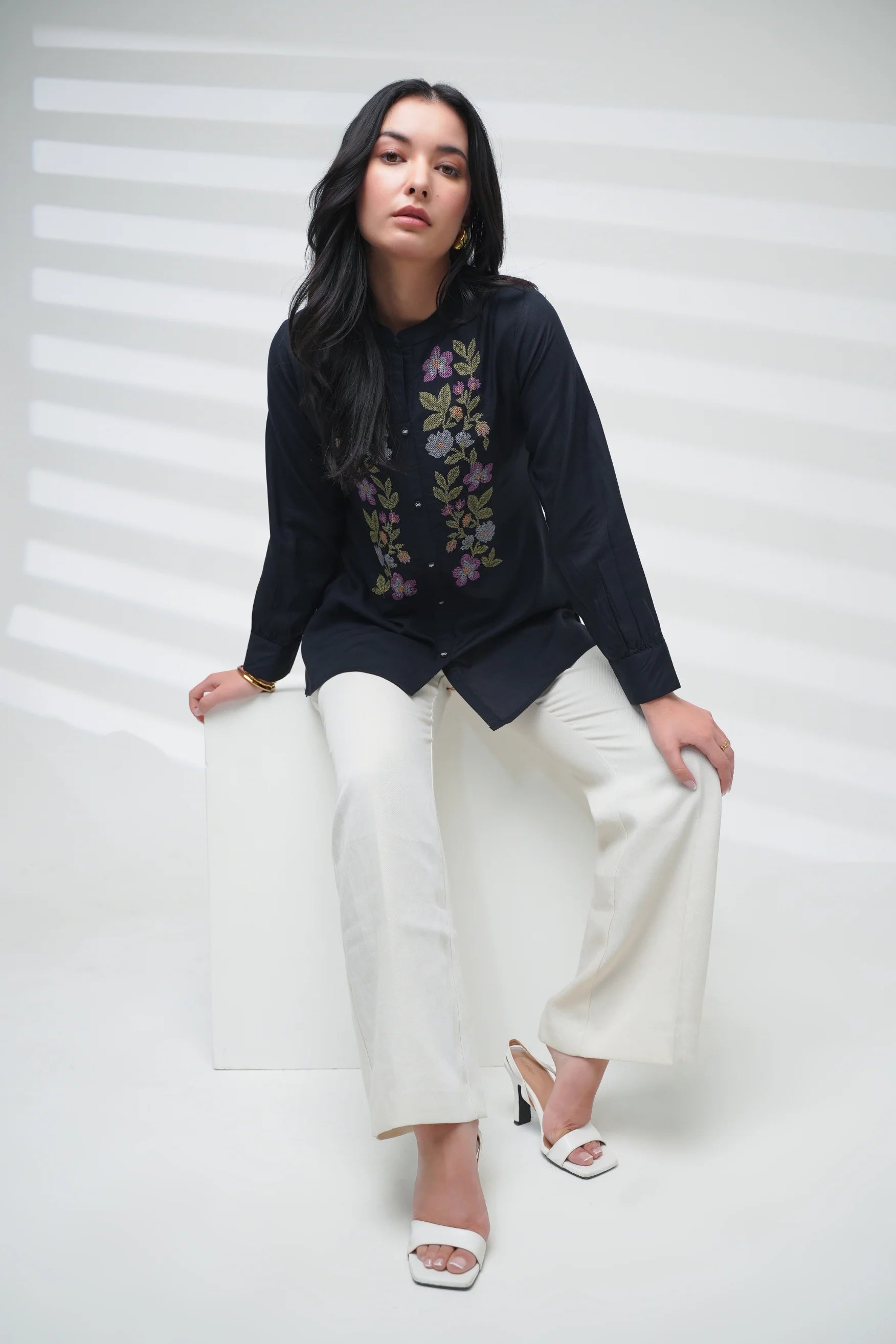 Aurora Embroidered Shirt Top- Dark Navy