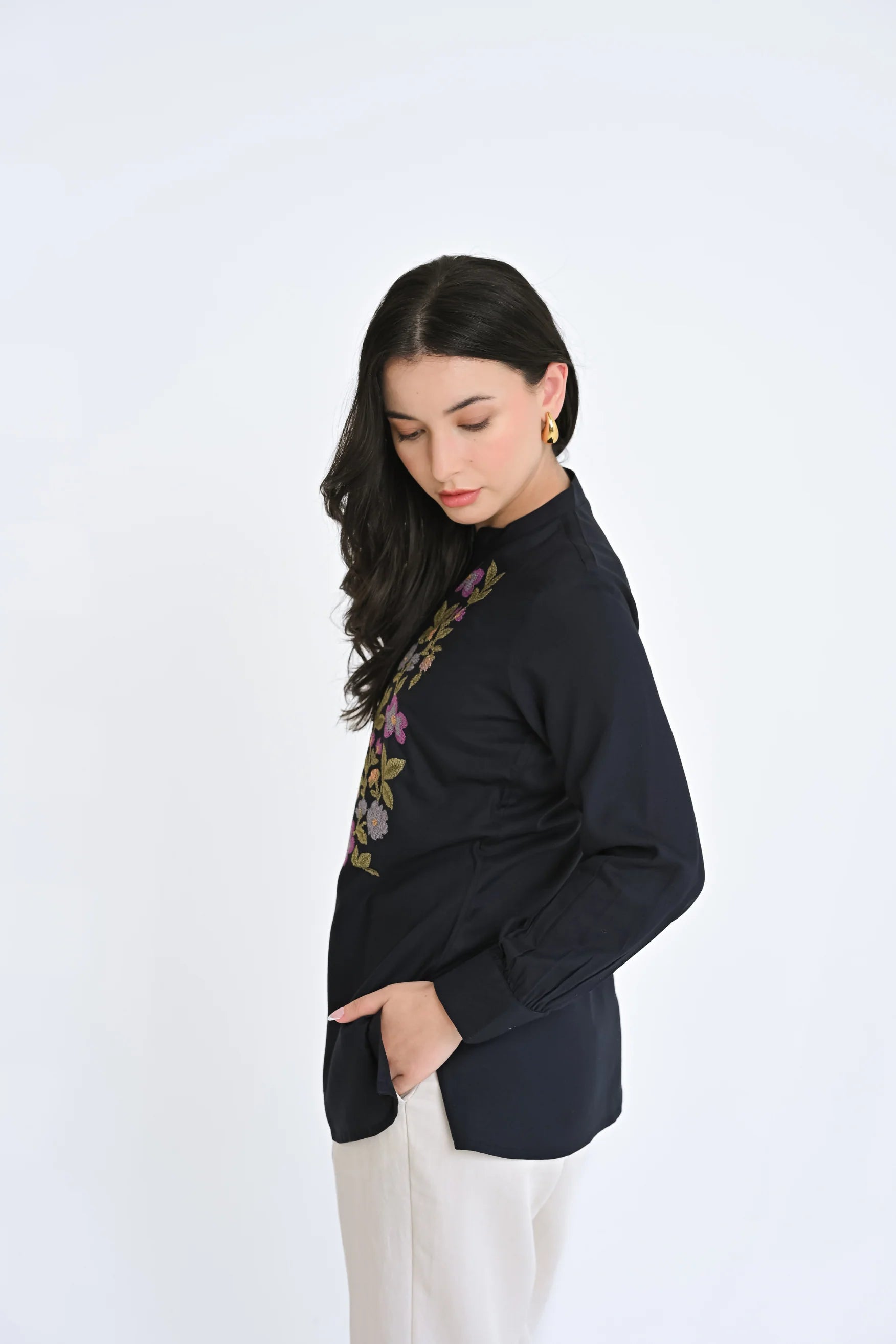 Aurora Embroidered Shirt Top- Dark Navy
