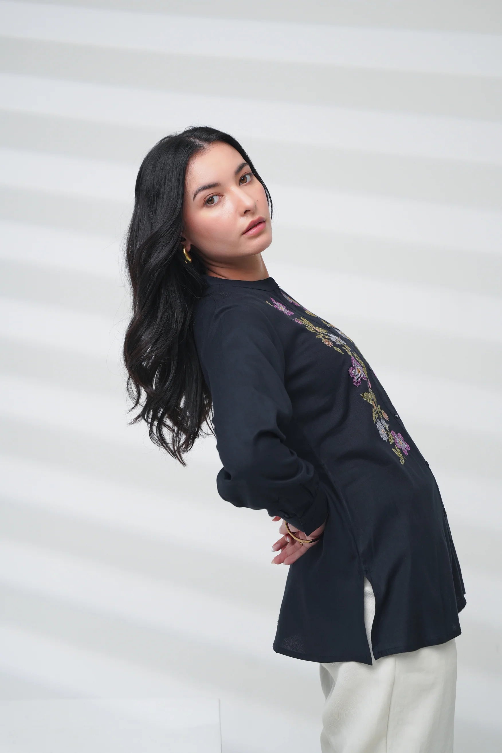 Aurora Embroidered Shirt Top- Dark Navy