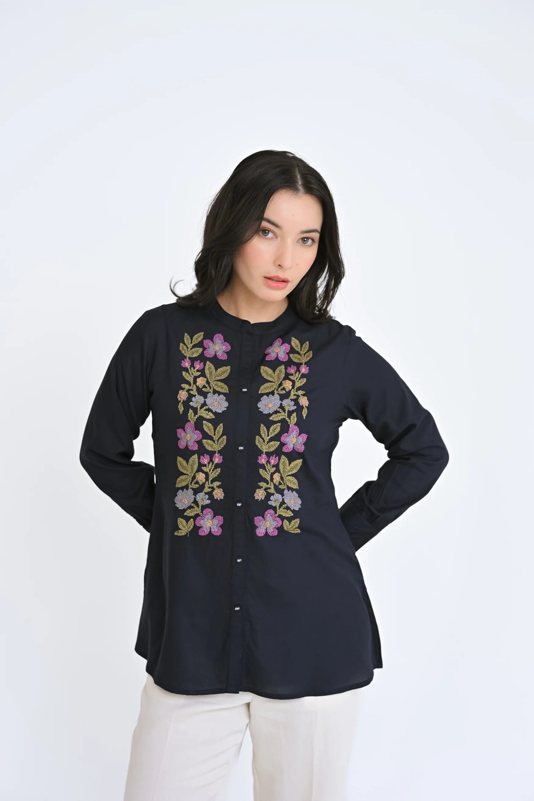 Aurora Embroidered Shirt Top- Dark Navy
