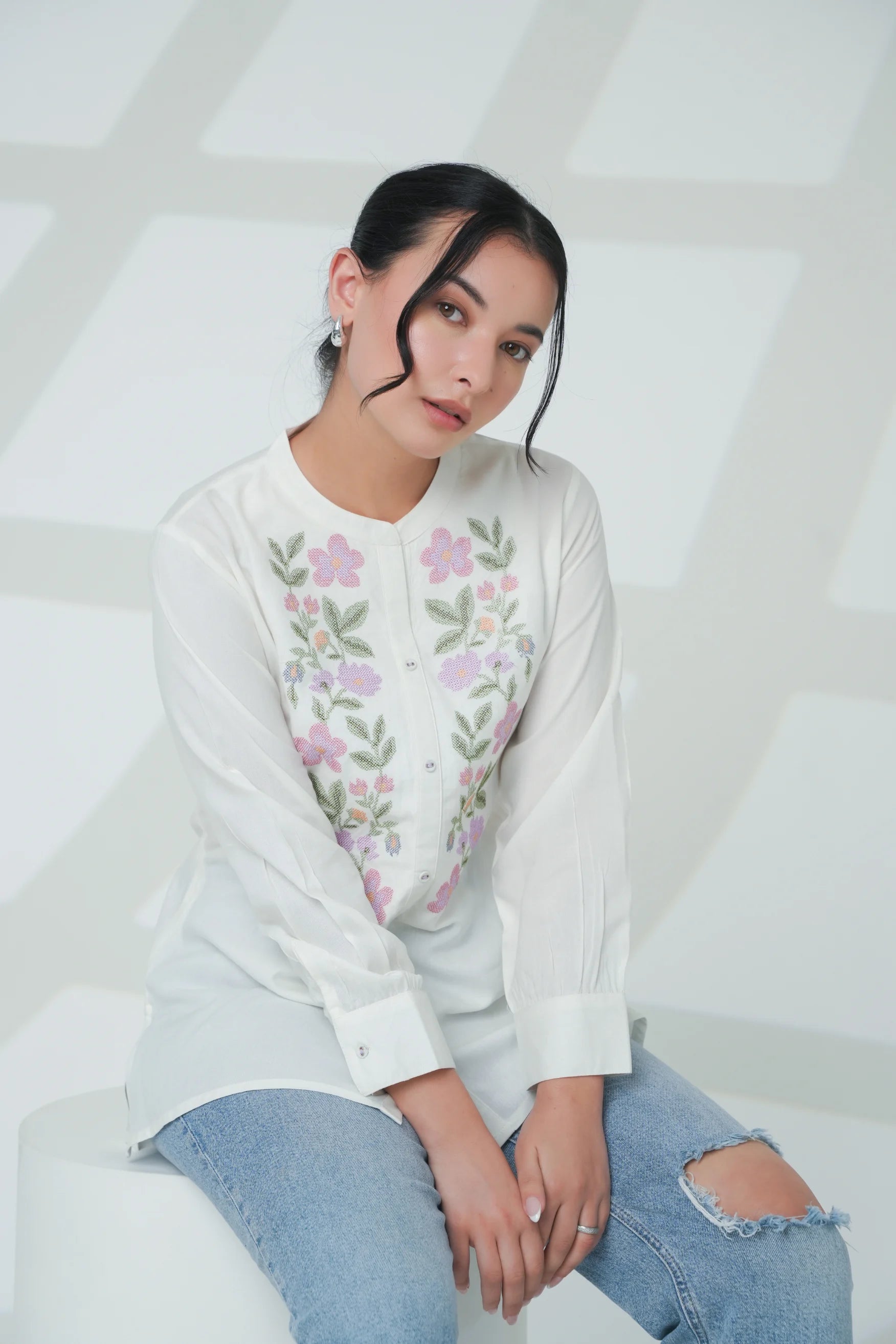 Aurora Embroidered Shirt Top- White