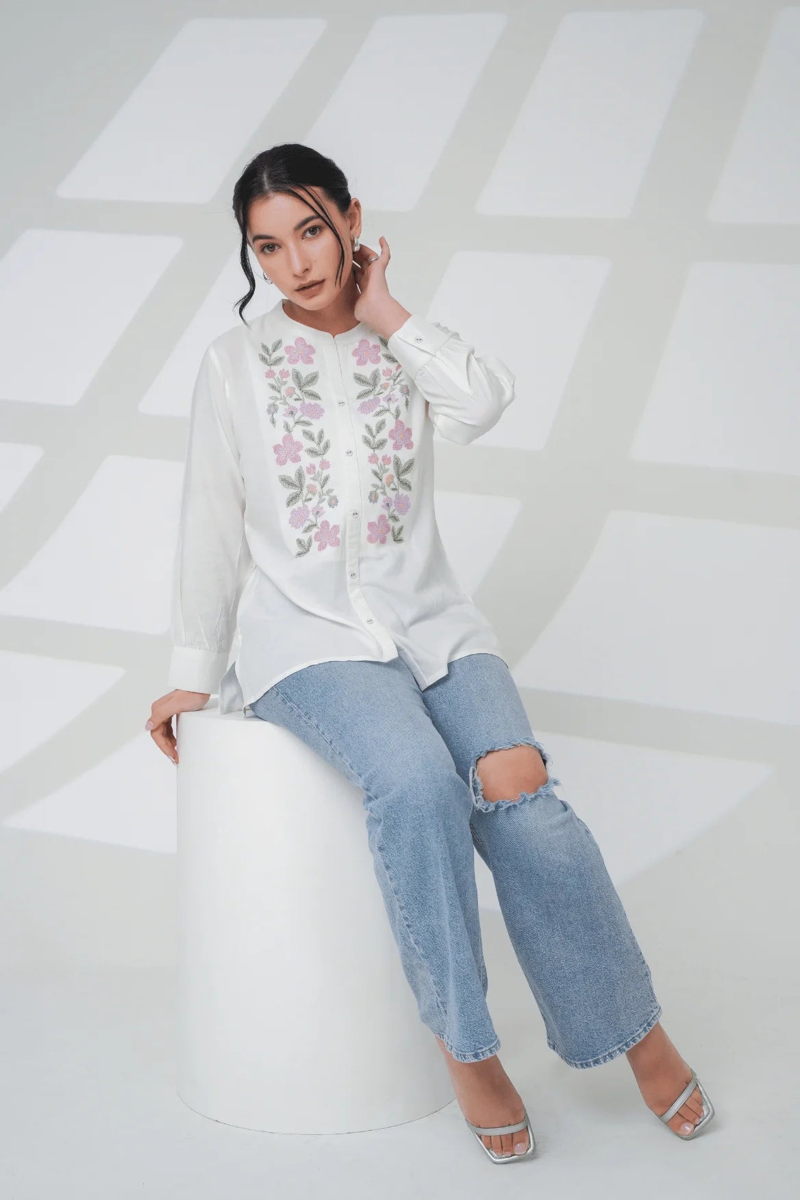 Aurora Embroidered Shirt Top- White