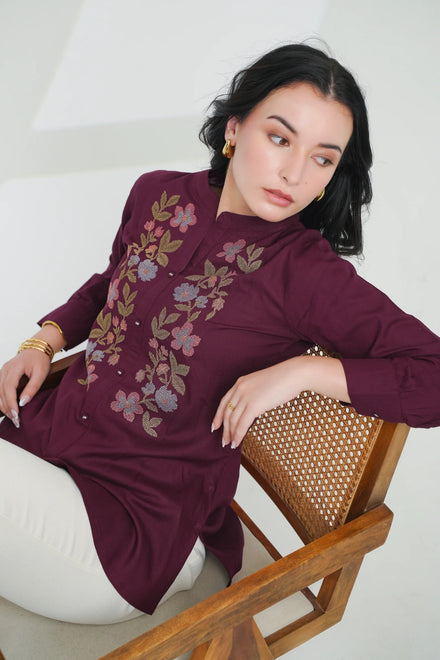 Aurora Embroidered Shirt Top- Wine